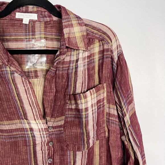 New Blu Pepper Day To Day Large L Red Plaid Split V Neck 3/4 Sleeve Blouse Top - Picture 3 of 11